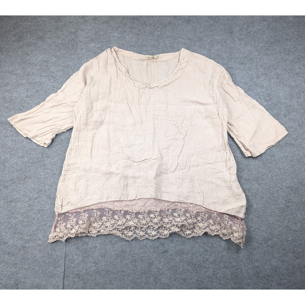 Stella Martini Linen Blouse Womens 1X Lagenlook Coastal COttage Coquette Lace